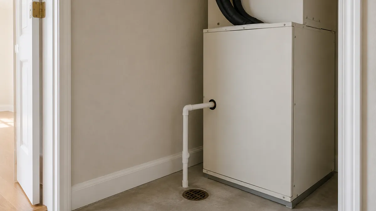 Indoor air handler in a utility closet with a white PVC condensate line to a floor drain