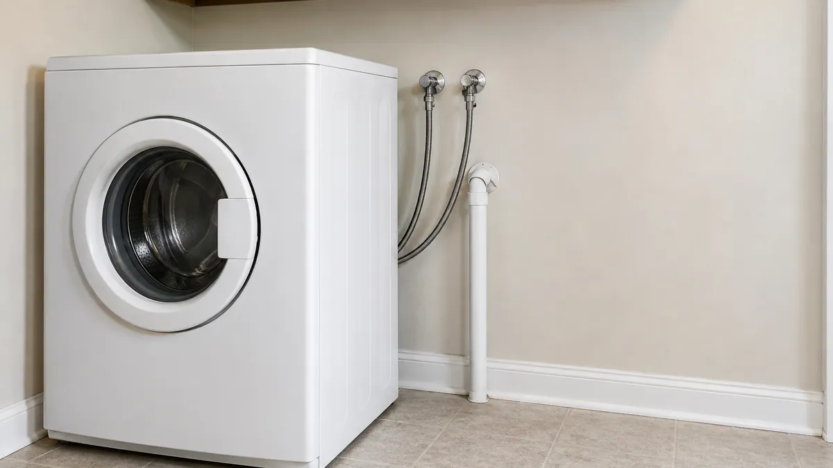 White front-load washing machine with braided steel supply hoses and wall valves