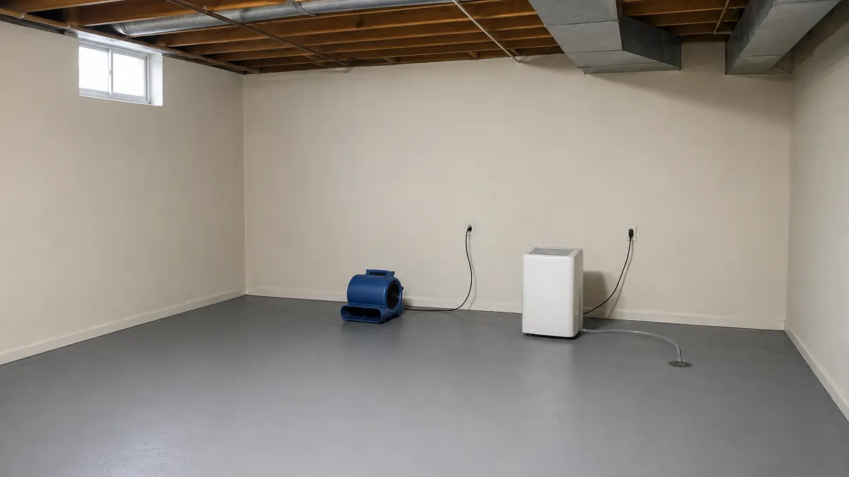 Empty basement room with painted concrete floor, air mover and dehumidifier
