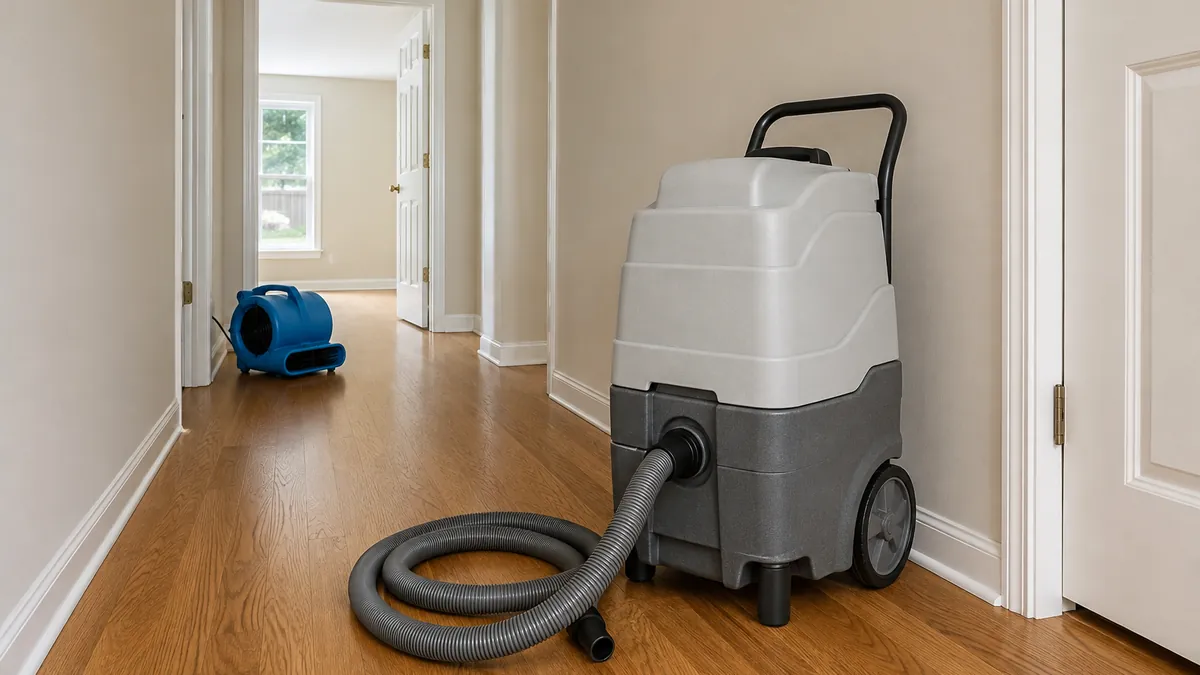 Portable water extraction unit with coiled hose on bare oak flooring in a hallway
