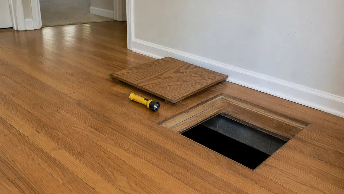 Open crawl space hatch in a hallway floor with a flashlight beside it