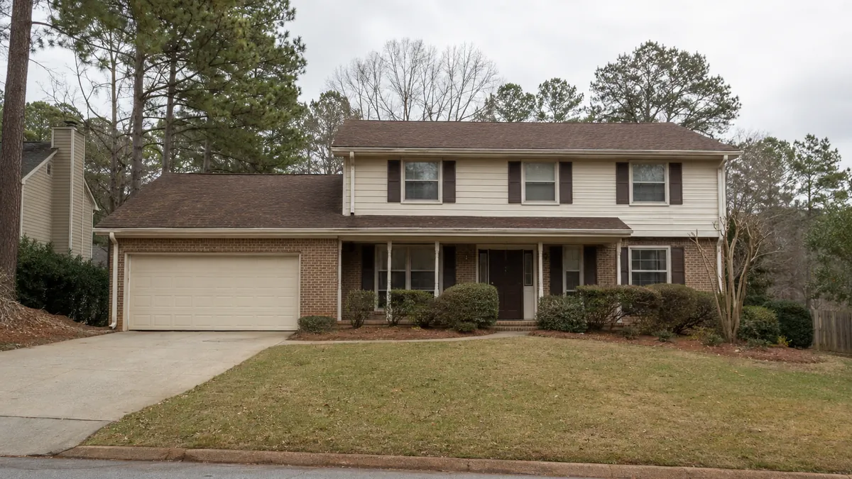 Two-storey brick and siding home on a suburban street with pines