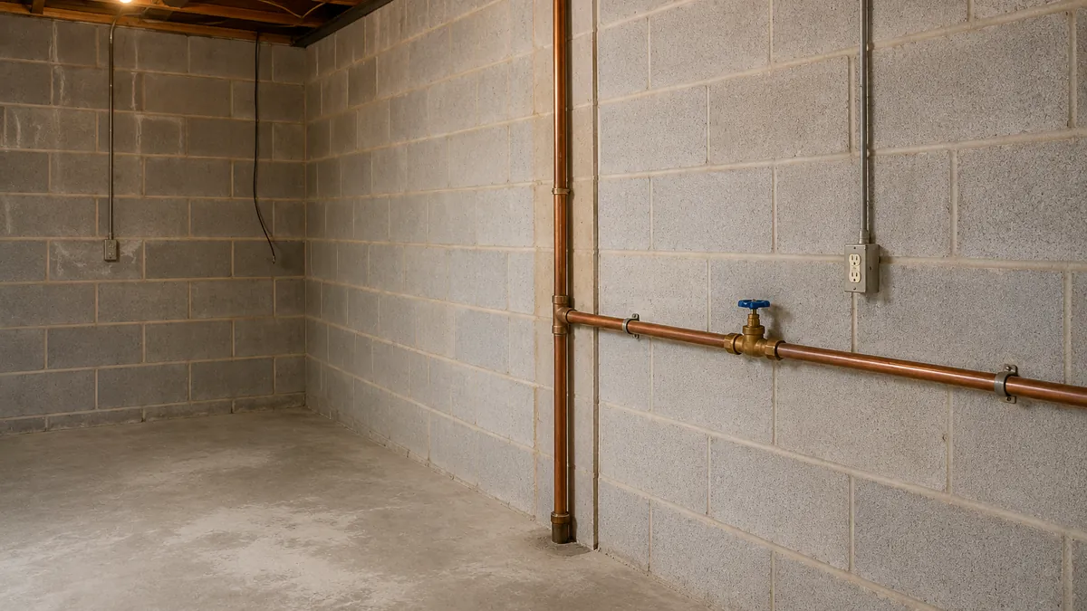 Main water shutoff valve on copper pipe against a block wall in a basement utility area