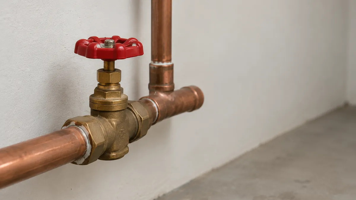 Close view of a main water shutoff valve on a copper supply line