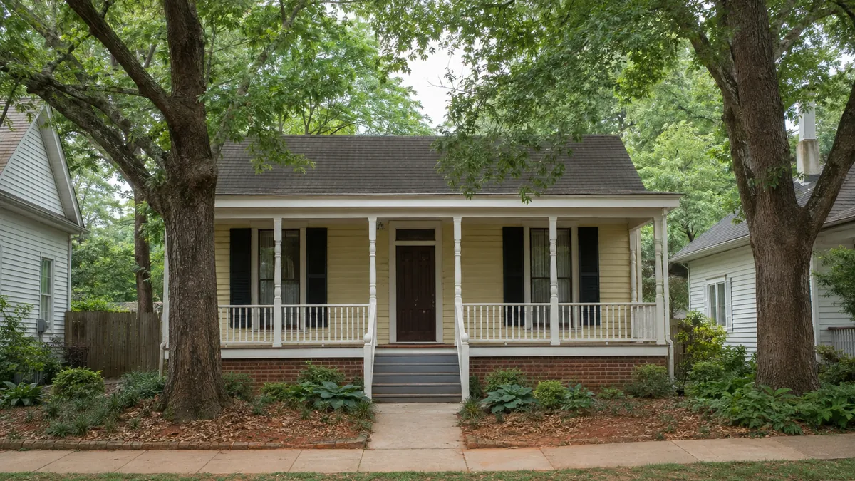 Older clapboard cottage with a covered porch and mature oak trees