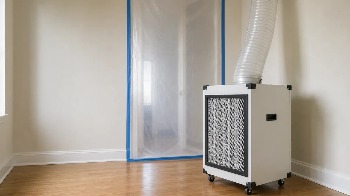 HEPA air scrubber on bare flooring with plastic sheeting taped across a doorway