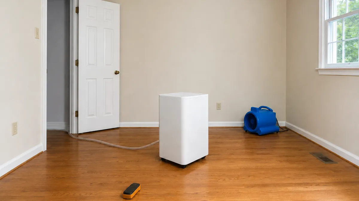 Dehumidifier with drainage hose and an air mover drying an empty bedroom