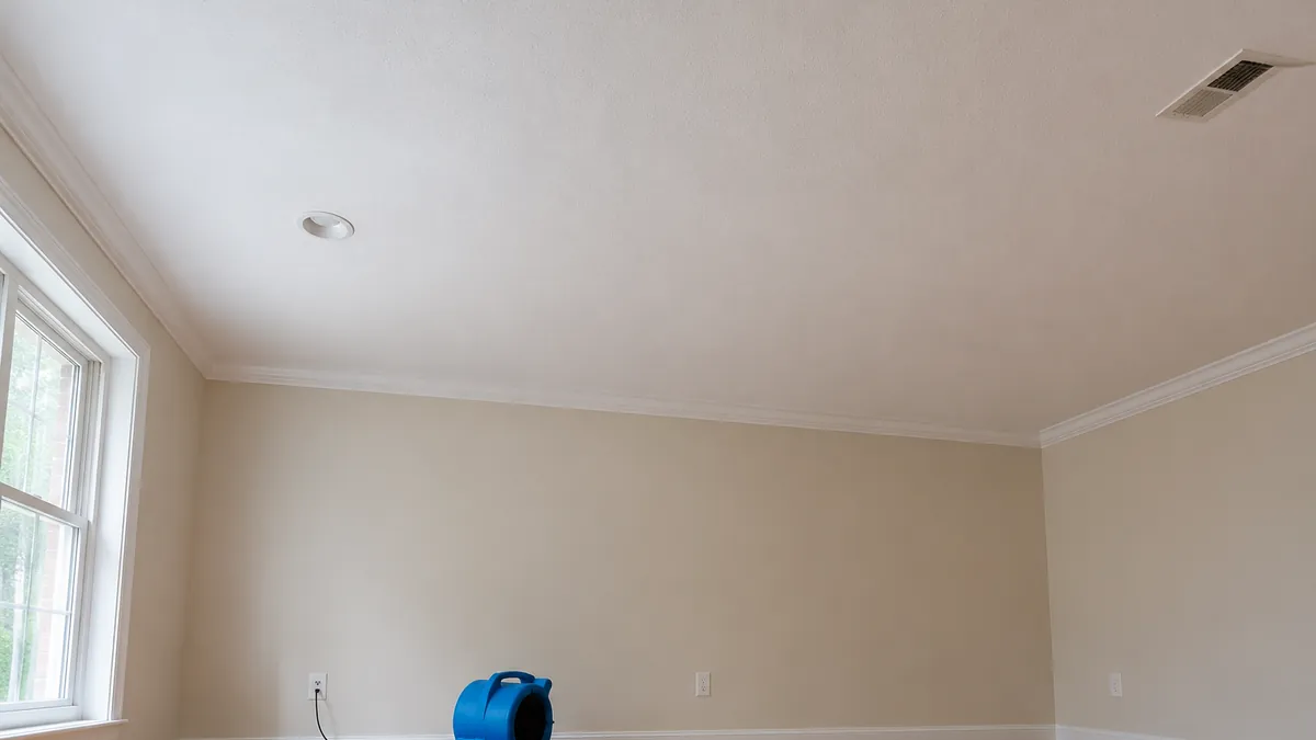 Plain white ceiling with recessed light and an air mover on the floor below